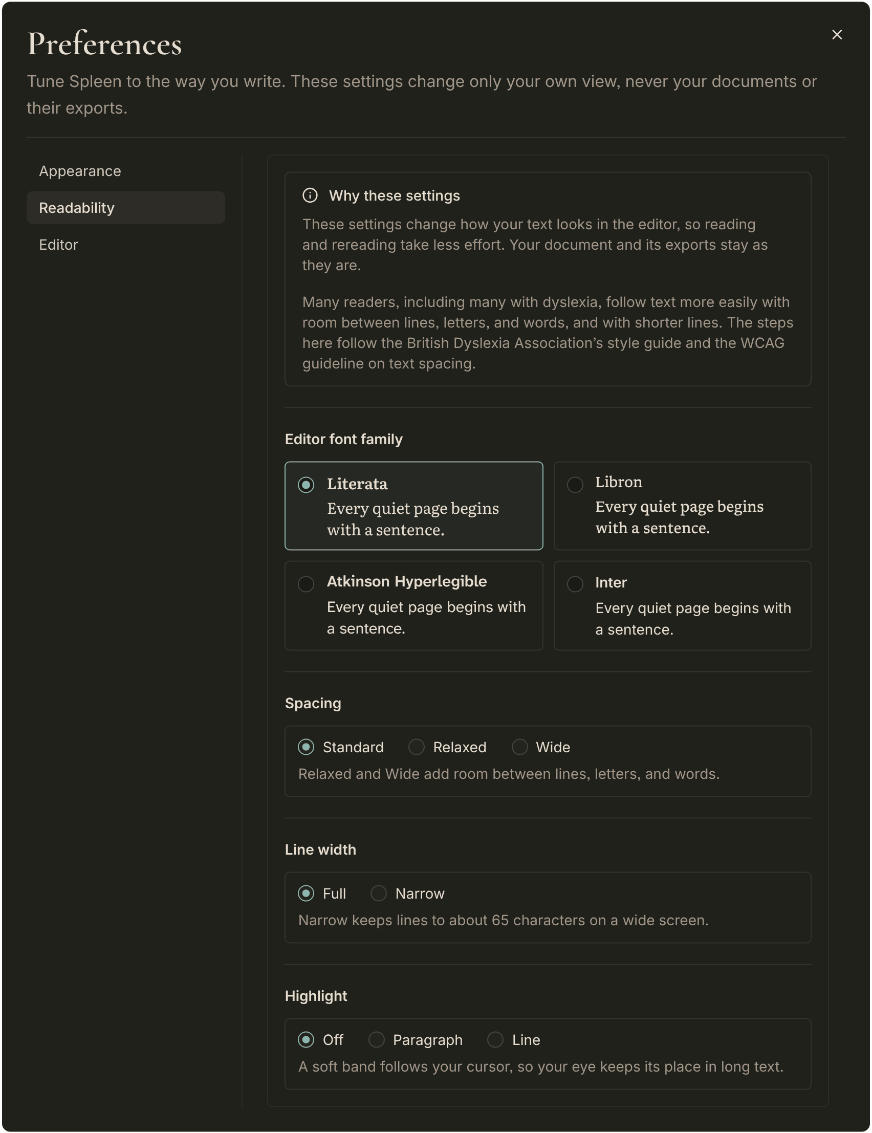 Preferences open to Readability, with the editor fonts, spacing, line width, and highlight