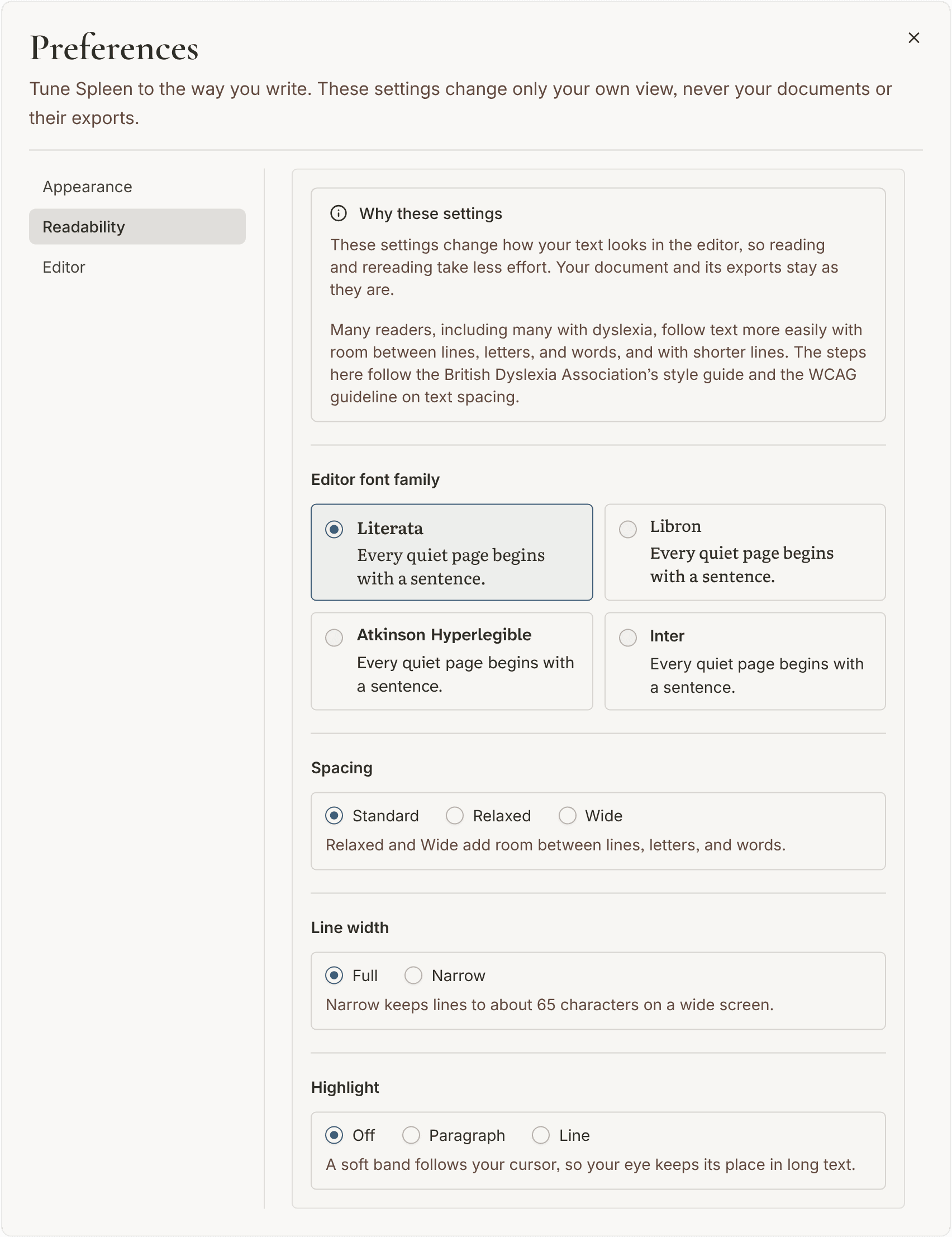 Preferences open to Readability, with the editor fonts, spacing, line width, and highlight