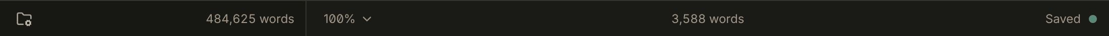The status bar beneath the project sidebar and the editor, with the project actions, the book's word count, the text size, the document's word count, and Saved with the online dot