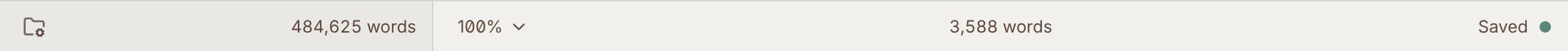 The status bar beneath the project sidebar and the editor, with the project actions, the book's word count, the text size, the document's word count, and Saved with the online dot
